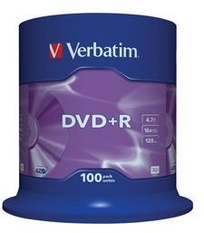 Verbatim DVD+R 16x 4,7GB 100p cake box DataLife+AZO+,scratch res, bez nadr, 43551