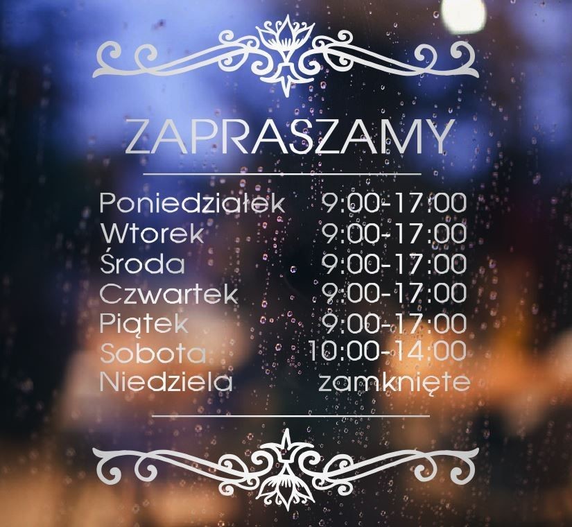 Naklejka mrożone szkło: Godziny otwarcia Ornament OM046b