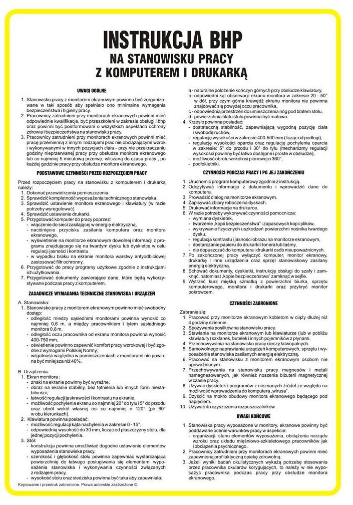 Znak informacyjny INSTRUKCJA POSTĘPOWANIA NA STANOWISKU PRACY