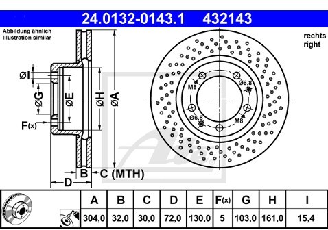 ATE TARCZA HAM 24.0132-0143.1 PORSCHE 911 3.6 CARRERA 4 95-97 PRZÓD PRAWY  24.0132-0143.1