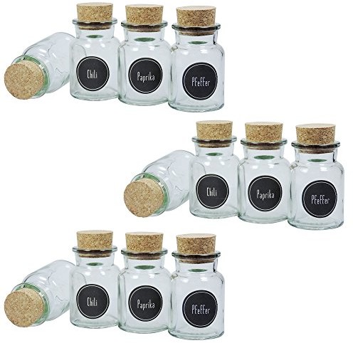 Viva Haushaltswaren VIVA artykuły gospodarstwa domowego # 36716 # 12 okrągłe pojemniki do produktów sypkich szklanki 150 ML z korkiem szklanki pojemniki na przyprawy przyprawy w zestawie: 24 etykiety z przyprawami, szkło #36716#