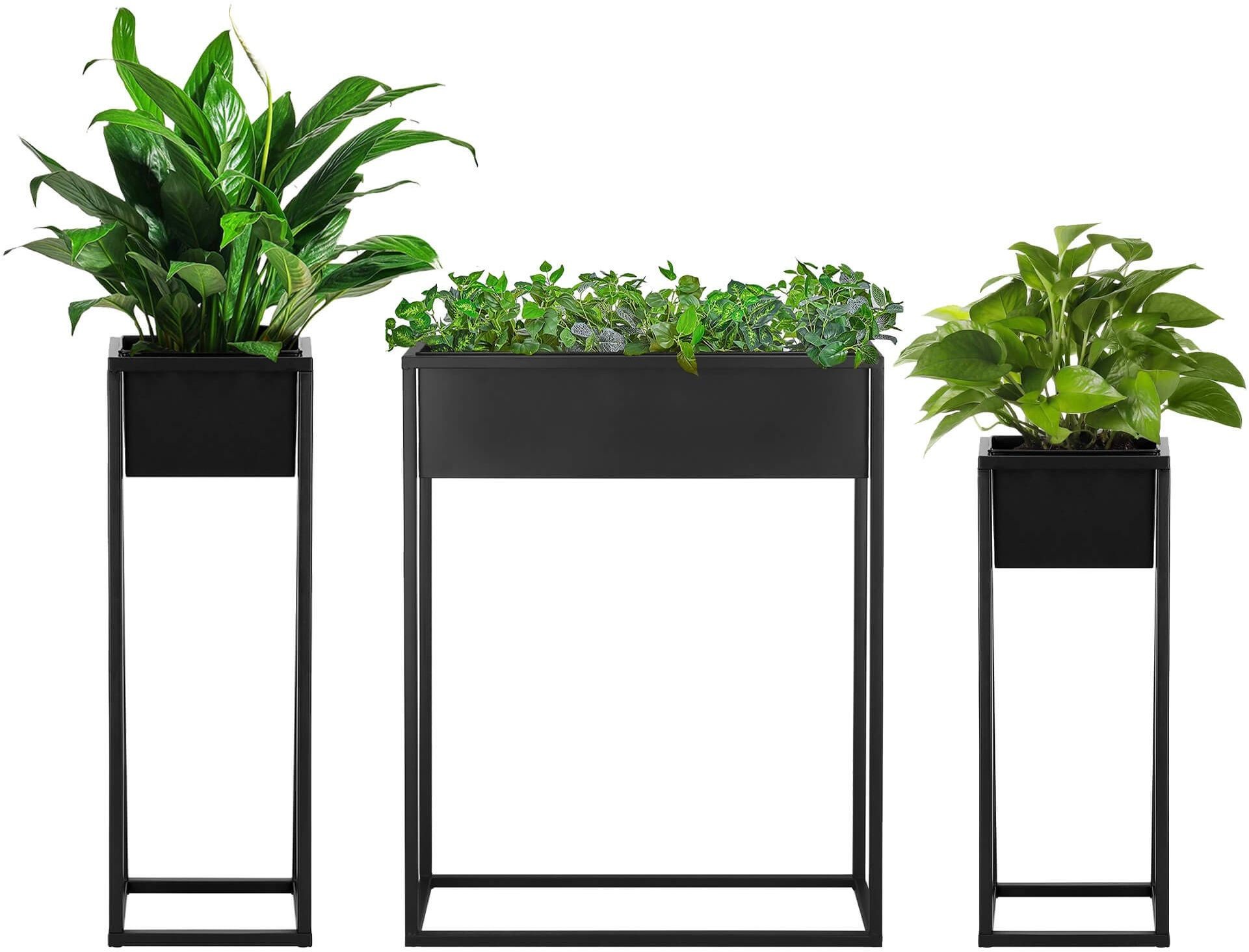Stojak na kwiaty 3 szt. z doniczką nowoczesny kwietnik loft 80, 60 cm czarny mat GA0187+GA0188+GA0190