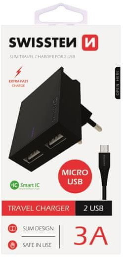 Swissten Karta sieciowa Smart IC CE 2x USB 3 A power czarny + kabel USB do transmisji danych 22042000 # Wpisz kod MDC5PL22 i uzyskaj dodatkowe 25 % rabatu na ten produkt promocja do 17.05.2020