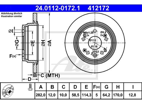 ATE TARCZA HAM 24.0112-0172.1 HONDA FR-V 1.7, 2.0, 2.2I CTDI 05-, 1.8 07-  24.0112-0172.1