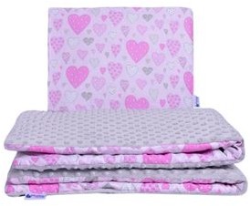 Kołderka Kołderka 75x100 cm + poduszka 30x40 cm Serca różowe+szare minky 5902768189247