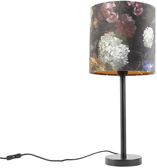 QAZQA Lampa stołowa czarna klosz welurowy kwiaty 25cm - Simplo