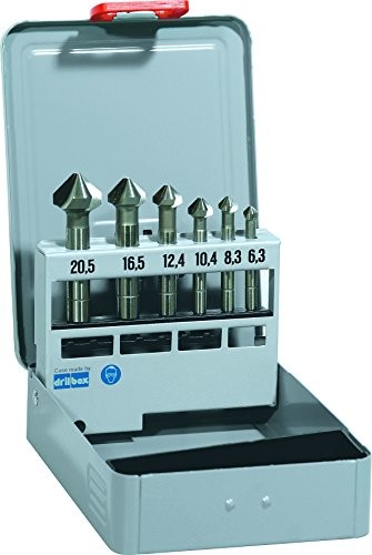 alpen Alpen HSS Cobalt pogłębiacz stożkowy, średnica 90 stopni, DIN 335, 6,3, 8,3, 10,4, 16,5, 20,5 MM jako 6-częściowy komplet w metalowej kasecie, 229000096100 229000096100