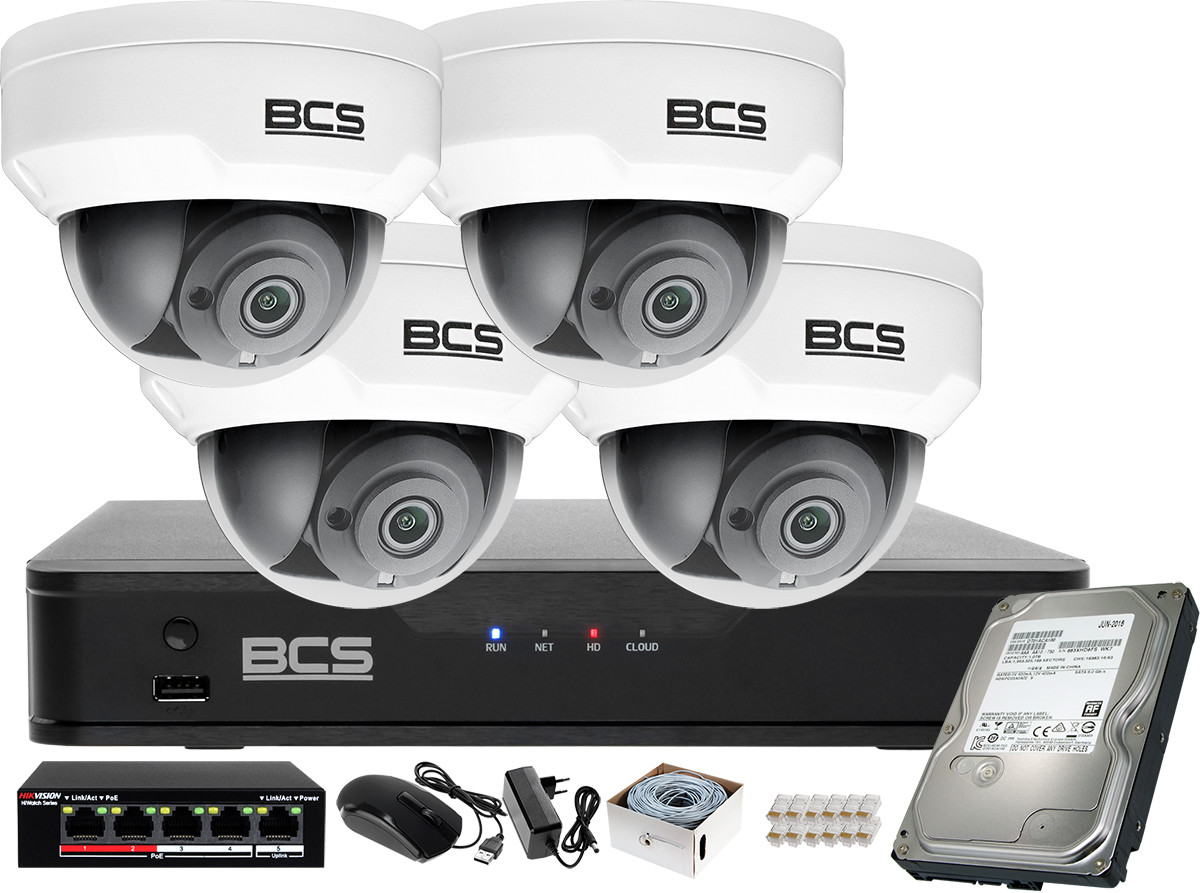 BCS Rejestrator IP BCS-P-NVR0401-4K-E + 4x Kamera BCS-P-215RWSA + Akcesoria