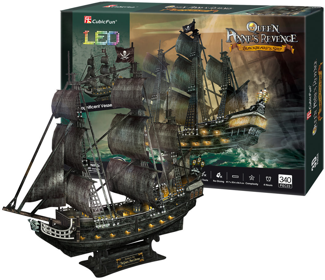 Cubicfun National Geographic, puzzle 3D Okręt piracki Zemsta Królowej, LED