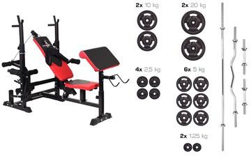 Hop-Sport Zestaw Obciążeń Strong 129 kg z ławką HS-1075 wyciągiem i modlitewnikiem