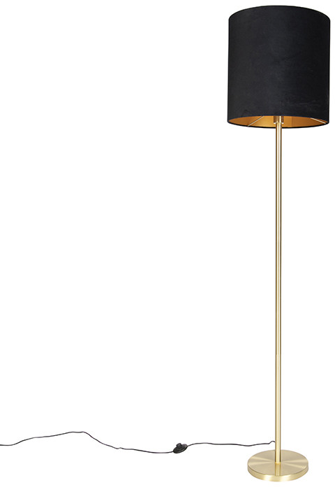 QAZQA Lampa podłogowa mosiądz klosz welurowy czarny 40cm - Simplo