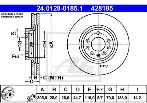 ATE TARCZA HAM 24.0128-0185.1 FIAT CROMA 1.9D MJ, 2.4D MJ 05-  24.0128-0185.1