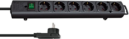 Brennenstuhl Comfort-Line Plus, listwa zasilająca 6-krotna (z płaskim wtykiem, przełącznikiem, kablem 2 m i bardzo szerokimi odstępami między gniazdami) Kolor: czarny, czarny 1153300100
