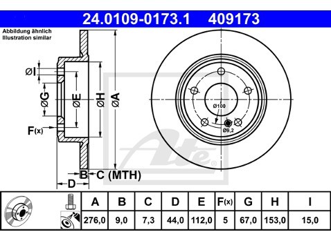 ATE 24.0109-0173.1 TARCZA HAMULC. MERCEDES W246 B-KLASA 11- TYŁ KLASA A W176 246