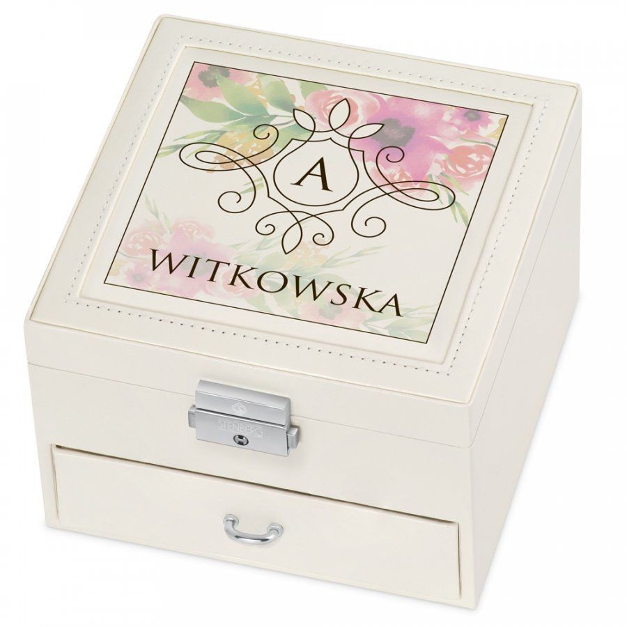 Murrano Szkatułka na Biżuterię Kremowa z Nadrukiem Bukiet SZKT-BB-004