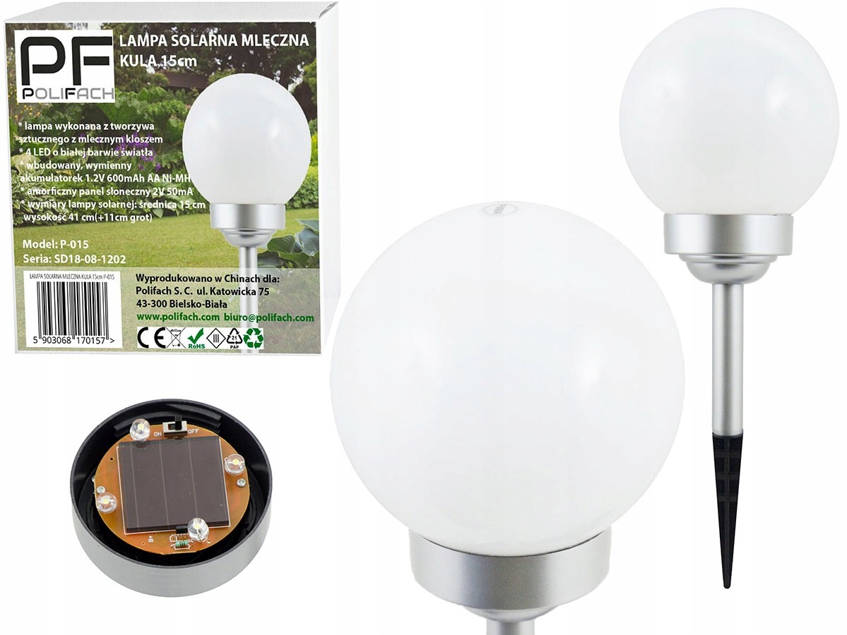 lampa solarna mleczna Biała Kula 15cm 4 Led P-015