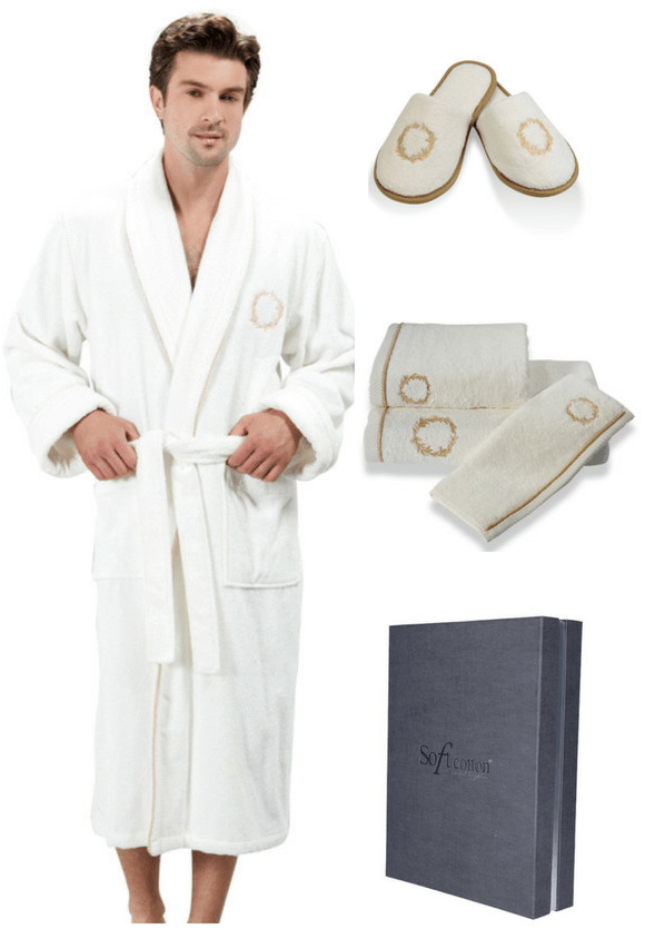 Soft Cotton Męski szlafrok SEHZADE w ozdobnym opakowaniu + ręcznik + kapcie M + kapcie (40/42) + ręcznik + box Śmietankowy / złoty haft 2828_set3