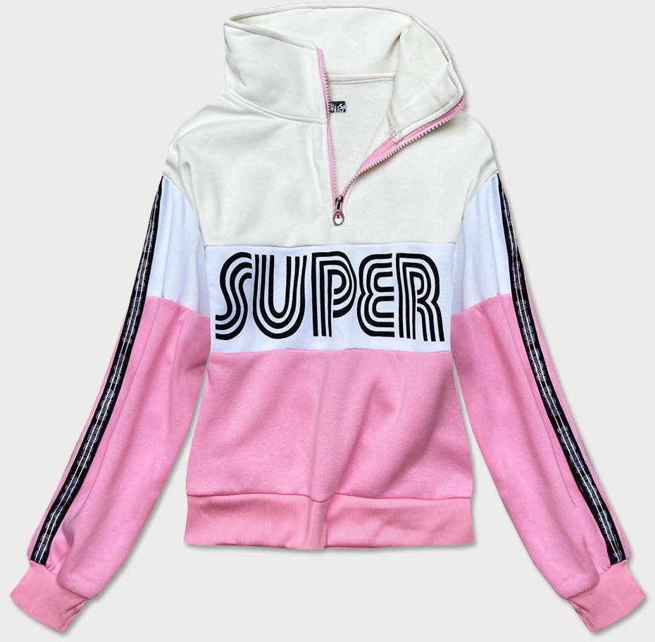 J.STYLE BLUZA SPORTOWA DAMSKA Z ROZPINANĄ STÓJKĄ ECRU-JASNY RÓŻ (26019) - J.STYLE