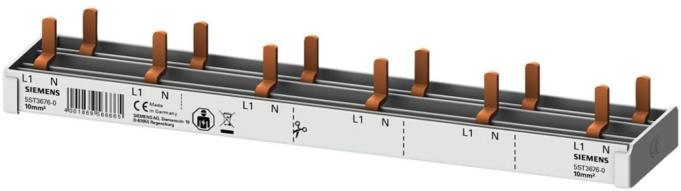 Siemens Szyna łączeniowa 1P+N 10mm2 sztyftowa 12 modułowa dla 6x AFDD 5SM6 + 6x 5SV1 5SL60) pełna izolacja 5ST3676-0