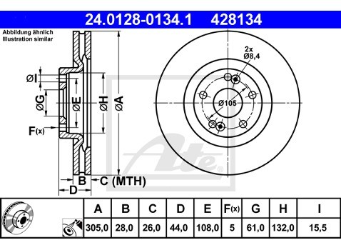 ATE TARCZA HAM 24.0128-0134.1 RENAULT AVANTIME 2.0T 16V 01-03, 2.2DCI 02-03, 3.0 V6 01-03, ESPACE III 2.2DCI 00-02, 3.0 V6 24V 9  24.0128-0134.1