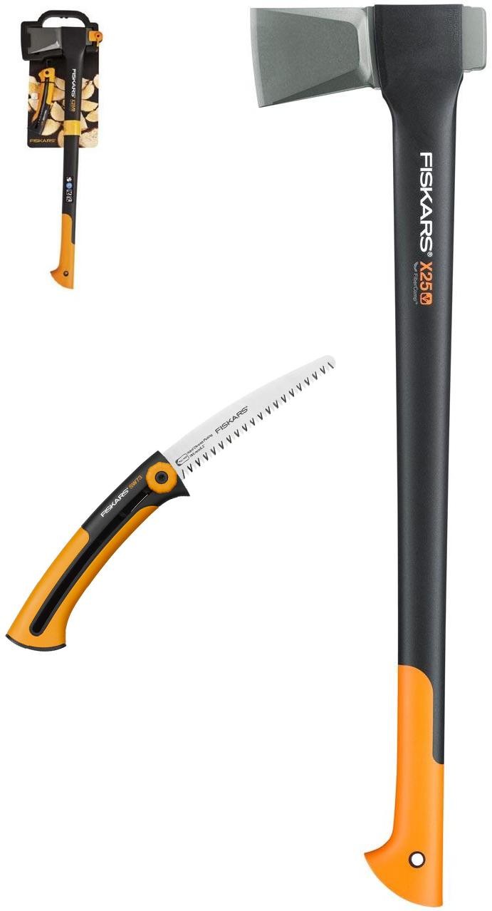 Fiskars zestaw siekiera do rozłupywania X25 + piłka Xsharp SW73