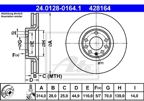 ATE TARCZA HAM 24.0128-0164.1 OPEL SIGNUM 2.8 V6 TURBO 05-, 3.0CDTI V6, 3.2 V6 03-, VECTRA C 3.0CDTI 05-/ SAAB 9-3 1.8I 04-  24.0128-0164.1