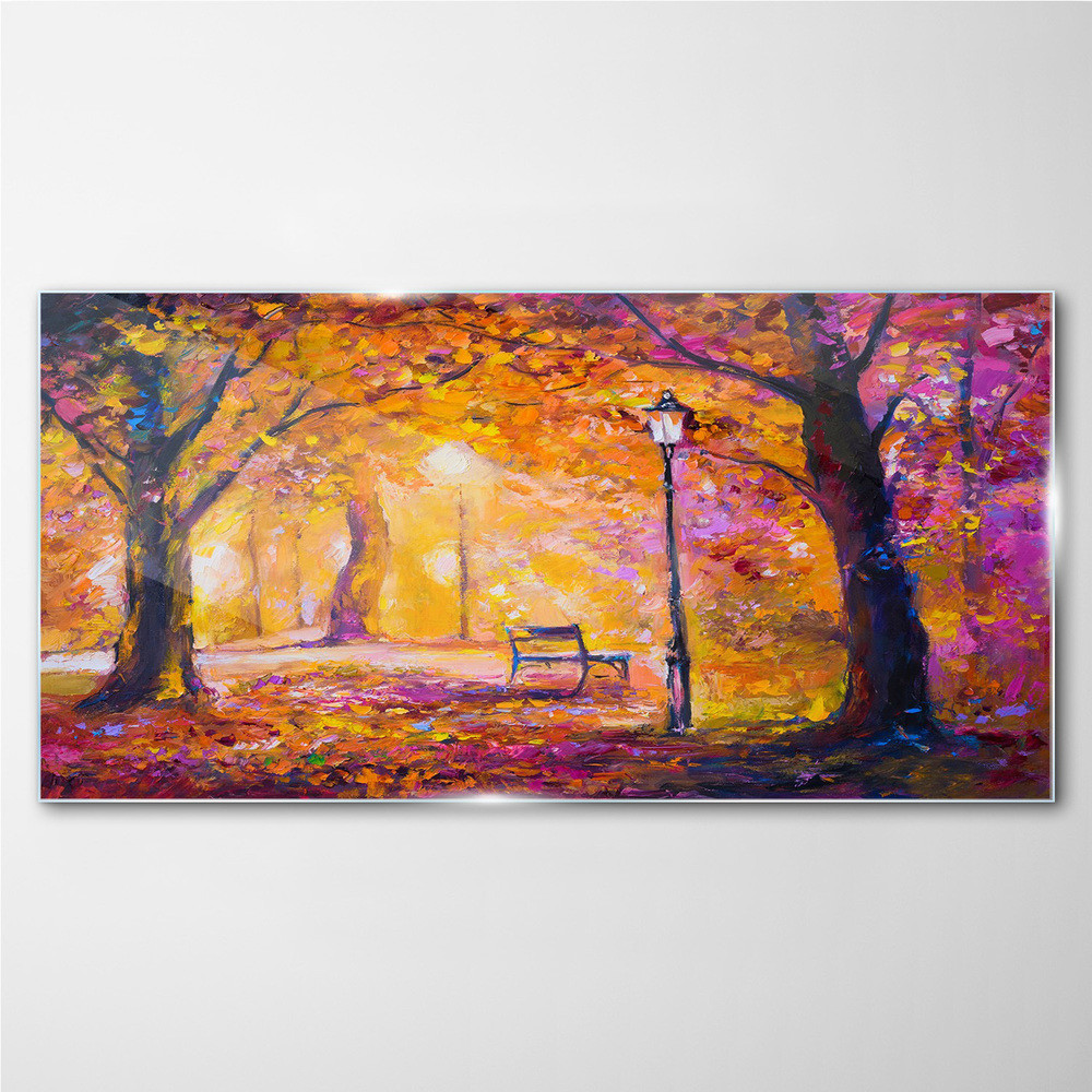 PL Coloray Obraz Szklany las park drzewa lampa ławka 100x50cm