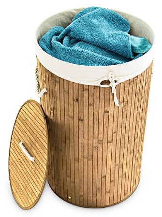 Relaxdays kosz na pranie, bambusowy, okrągły, średnica 41 cm, wysokość 65 cm, składany, 80 litrów, z bawełnianym workiem na pranie 10019051-126