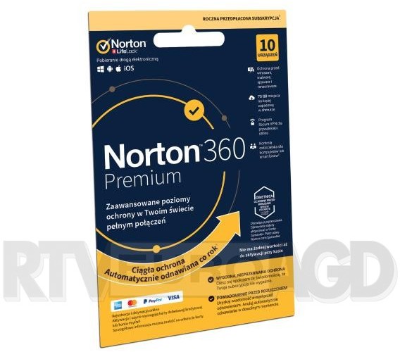 Symantec Norton 360 Premium 75GB 10 urządzeń 1 rok Dostęp po opłaceniu zakupu |