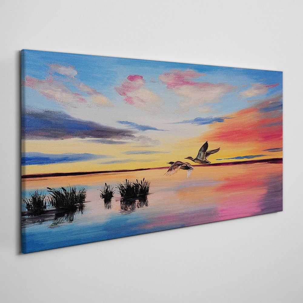 PL Coloray Obraz na Płótnie jezioro ptaki zachód słońca 140x70cm