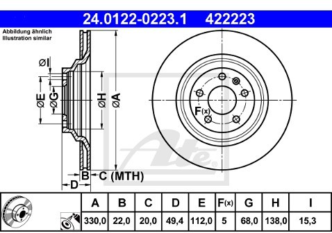 ATE TARCZA HAM 24.0122-0223.1 AUDI A6 4.2 QUATTRO 04-06, 4.2FSI QUATTRO 06-  24.0122-0223.1