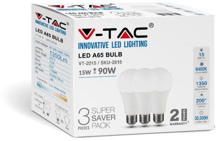V-TAC Żarówka LED 15W E27 A60 (Opak. 3szt) VT-2015 6400K 1350lm 3800157656016