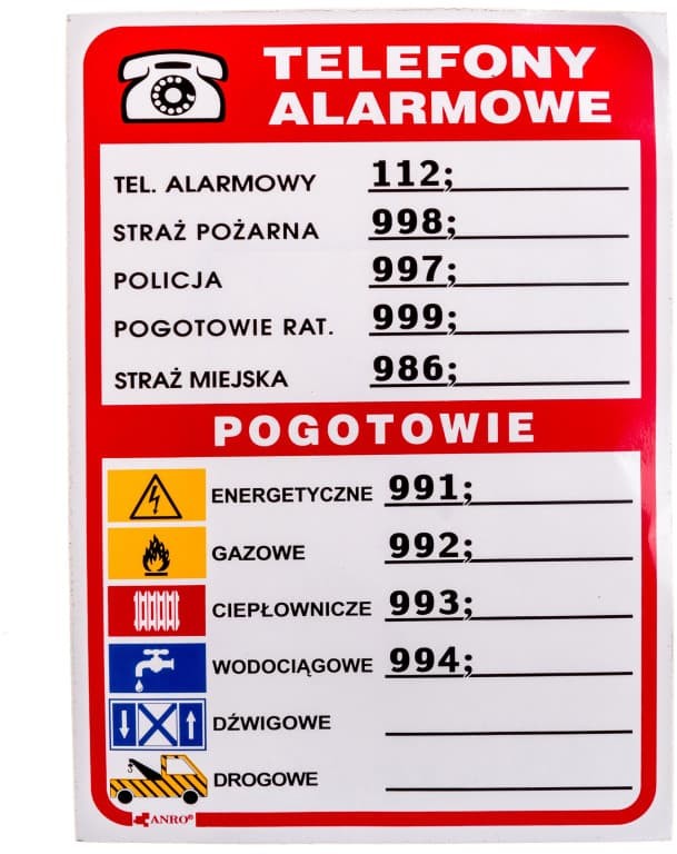 ANRO Tabliczka ostrzegawcza Telefony alarmowe 210x150 93/210X150/F