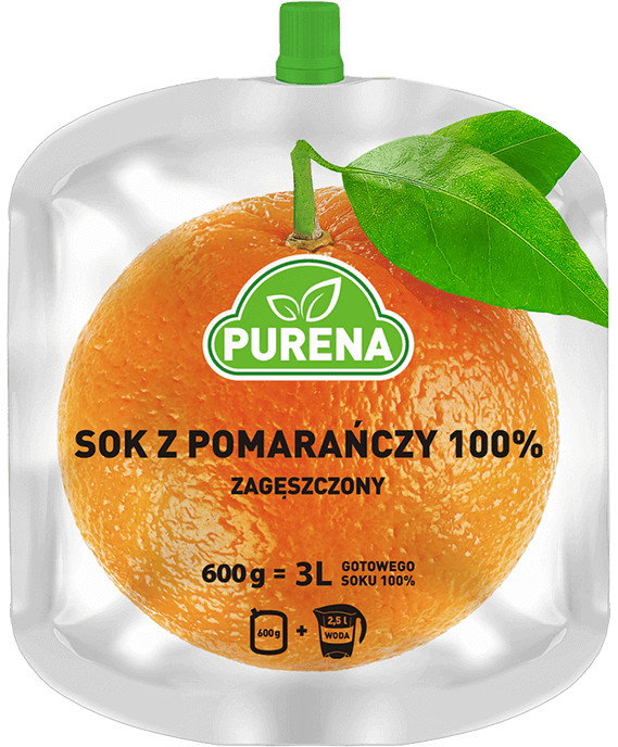 Purena Zestaw 2 x Sok Purena pomarańczowy i jabłkowy 100% zagęszczony 600g na 3 litry soku + dzbanek