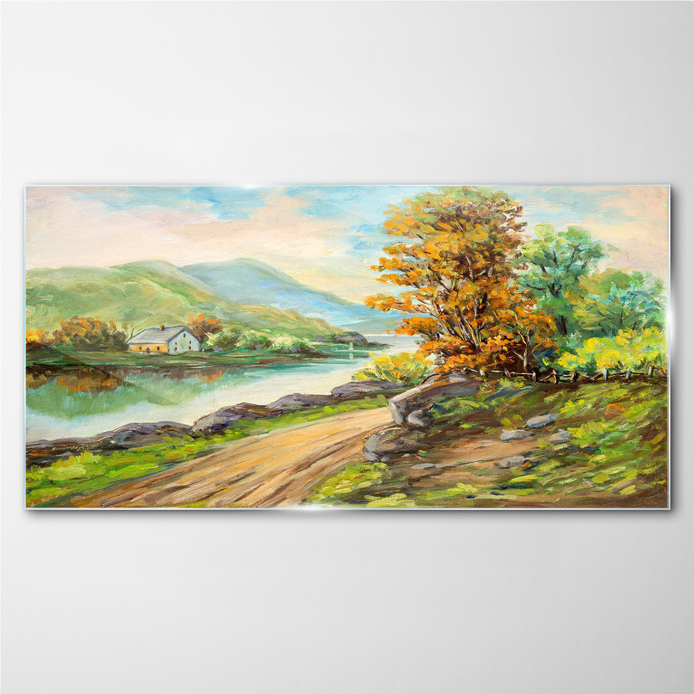 PL Coloray Obraz Szklany wieś ścieżka drzewa rzeka 100x50cm