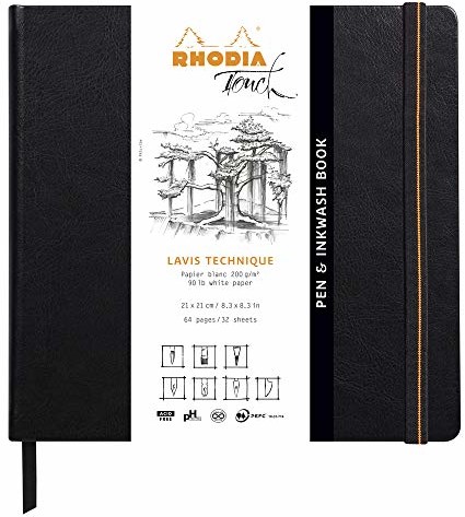 Rhodia Clairefontaine 116126C notatnik Pen & Inkwash Book z 64 stronami papieru papier lawizowy biały 21 x 14, 8 cm 200 g 21 x 21 cm czarny 116127C