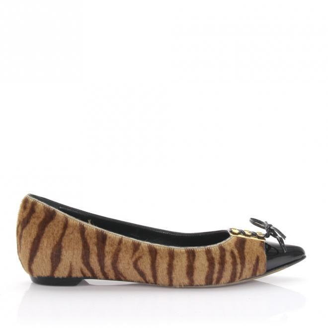 Sergio Rossi Sergio Rossi Baleriny z włosiem Tiger Print skóra lakierowana czarne