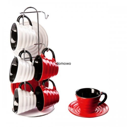 KUBKI I PODSTAWKI CERAMICZNE W STOJAKU - 6 szt