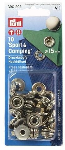 Prym 390202 opakowanie uzupełniające do 390201 zatrzask bez szycia Sport & Camping mosiądz 15 mm kolor srebrny, metal