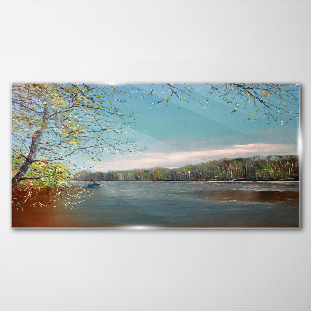 PL Coloray Obraz Szklany łódź woda rzeka drzewa 100x50cm