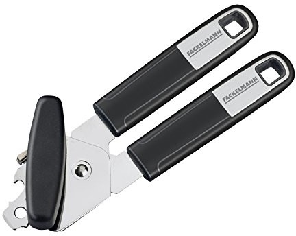 Fackelmann Dosenöffner 20 cm Sense mit rutschfestem und ergonomischem Soft-Touch-Griff, inklusive Kapselheber, Dosenlocher und Flaschenöffner (Farbe: Silber/Schwarz), Menge: 1 Stück