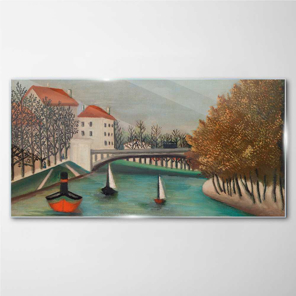 PL Coloray Obraz Szklany miasto łodzie drzewa 120x60cm