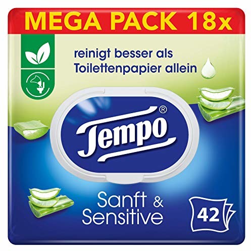 Tempo papier toaletowy, wilgotny, tempo, wilgotny papier toaletowy, delikatny i wrażliwy, trójpak (6 x 3 x 42 arkuszy), duże opakowanie, 1kg