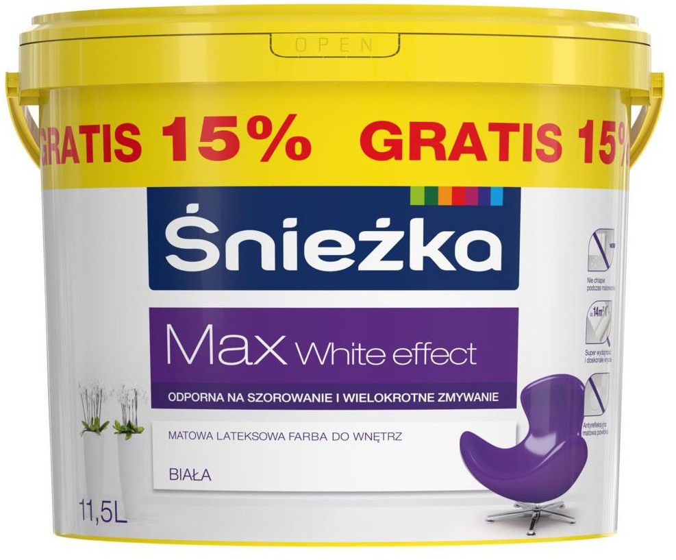 ŚNIEŻKA Farba wewnętrzna MAX WHITE EFFECT 10L+15% Biała ŚNIEŻKA