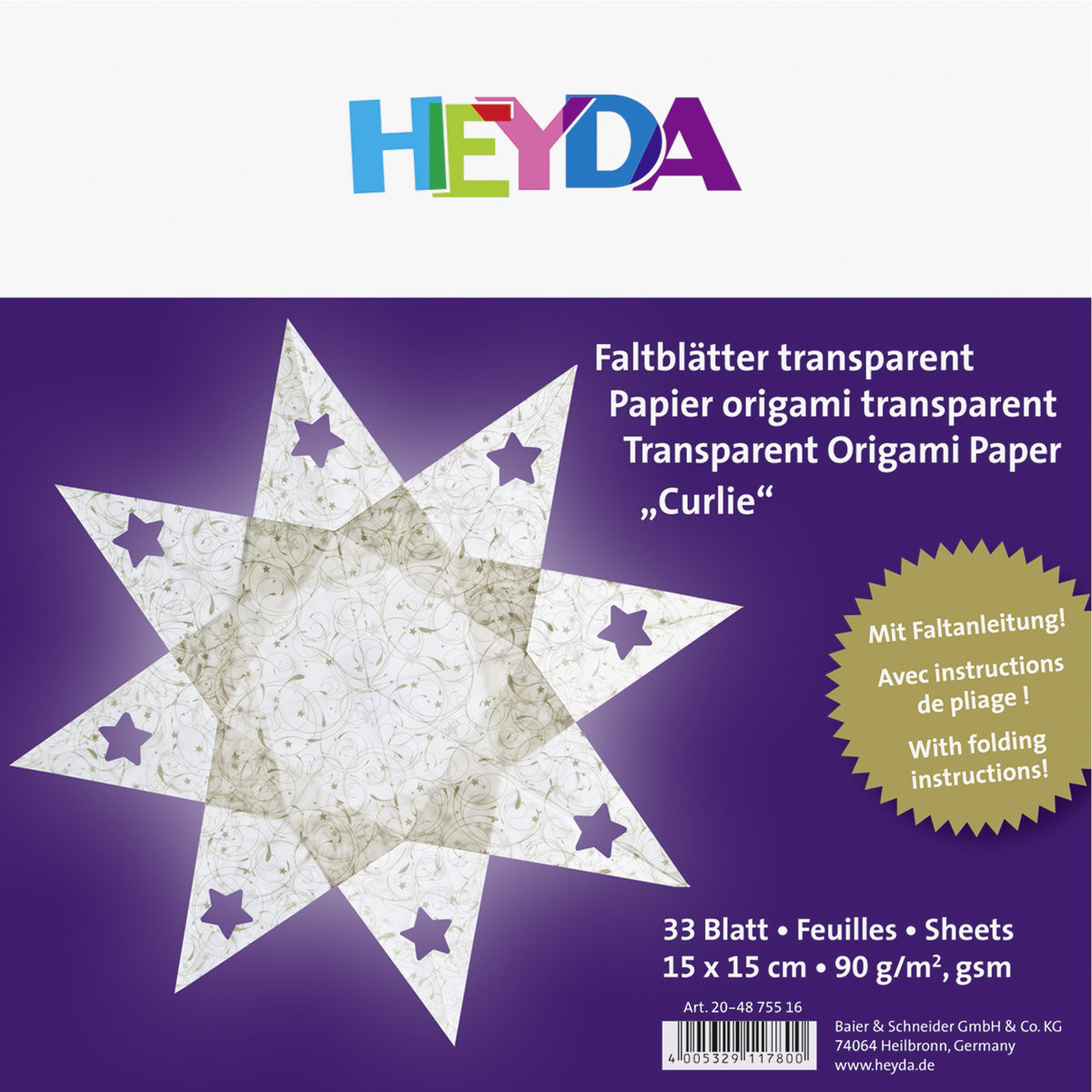 Heyda papier do origami transparentny, Gwiazdy, złote, 33 arkusze