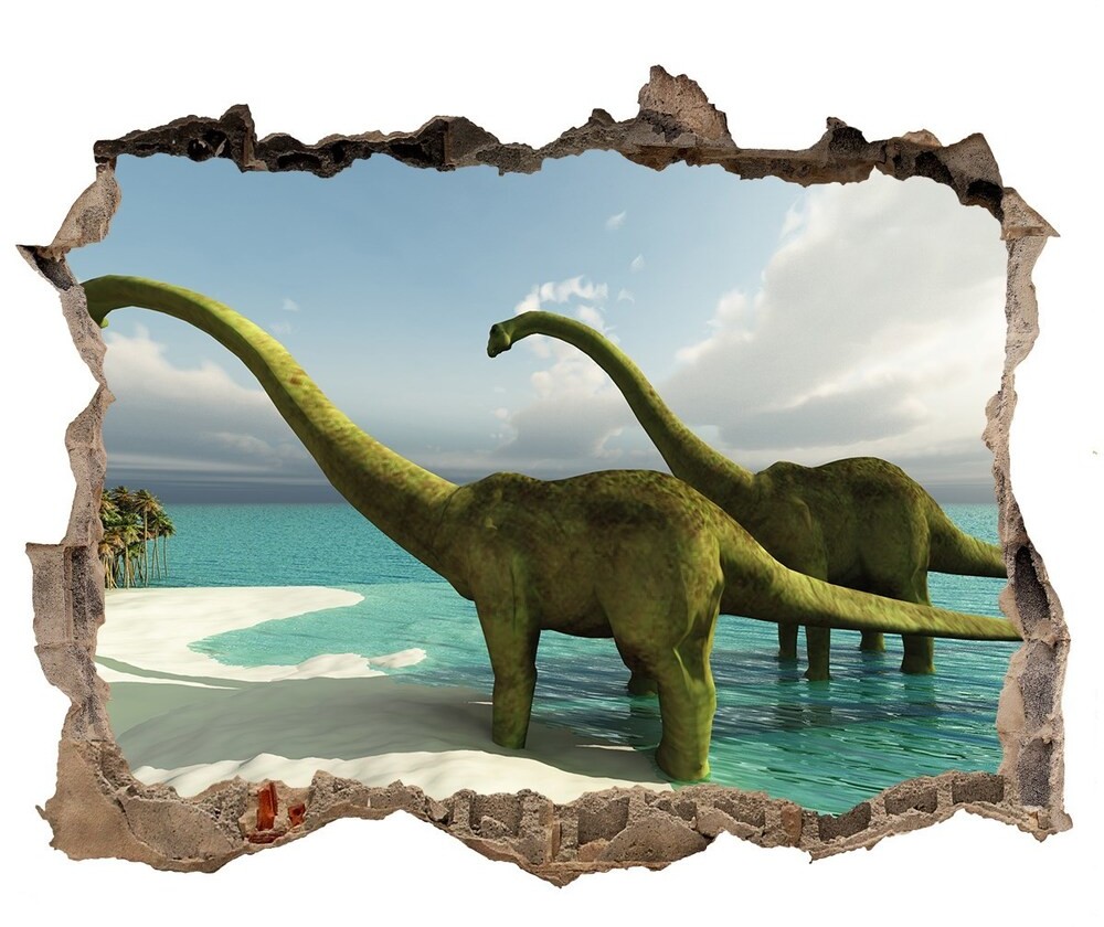Wallmuralia.pl Dziura 3d fototapeta naklejka Dinozaury na plaży