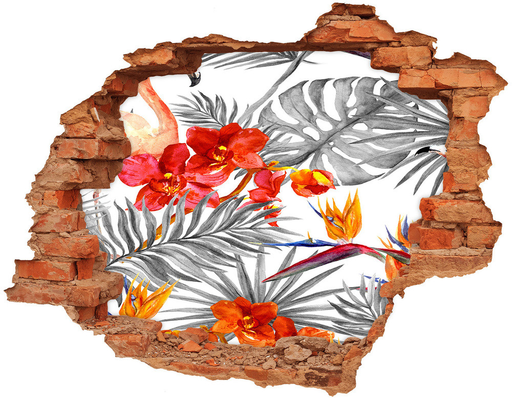 Wallmuralia.pl Dziura 3d fototapeta naklejka Flamingi i kwiaty