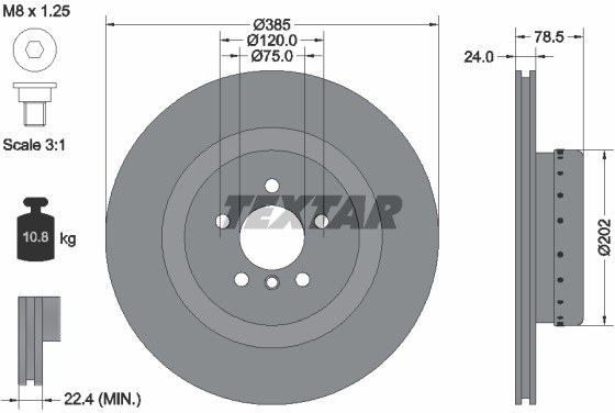 TEXTAR Tarcza hamulcowa tył 385X24 V 5-OTW BMW X5 E70 08> PRAWA /KOMPOZYTOWA/ 92266625
