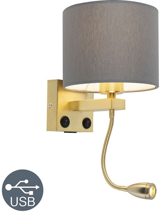 QAZQA Złota lampa ścienna w stylu art deco z USB i szarym kloszem - Brescia