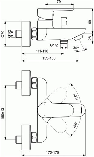 Ideal Standard Tyria Bateria wannowo-prysznicowa ścienna czarna/chrom BC157HS